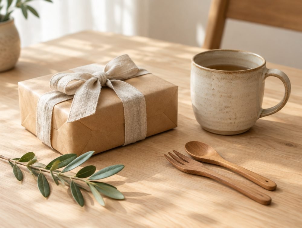 Wrapped gift beside a ceramic mug and small wooden utensils