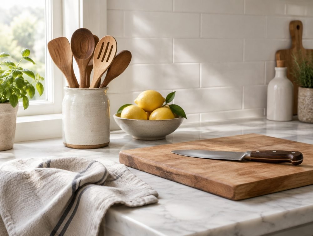 Clean kitchen counter with wooden spoons, a knife and lemons